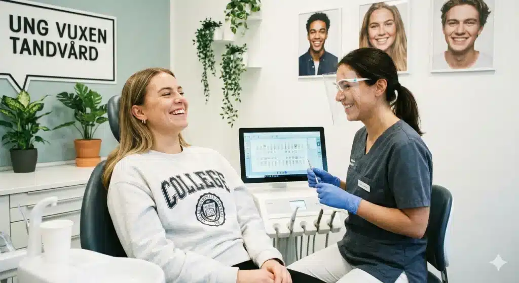 Ung vuxen hos tandläkaren som illustrerar tandvård kostnad 2025 och de nya reglerna för dig under 23 år.